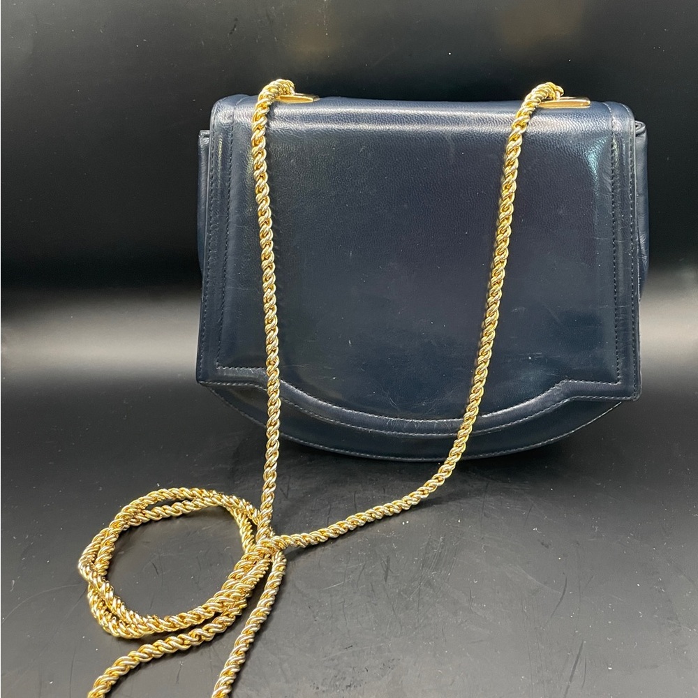 Elegant Navy Blue Shoulder Bag with Gold Chain